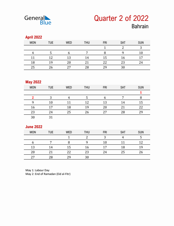 Printable Three Month Calendar with Bahrain Holidays