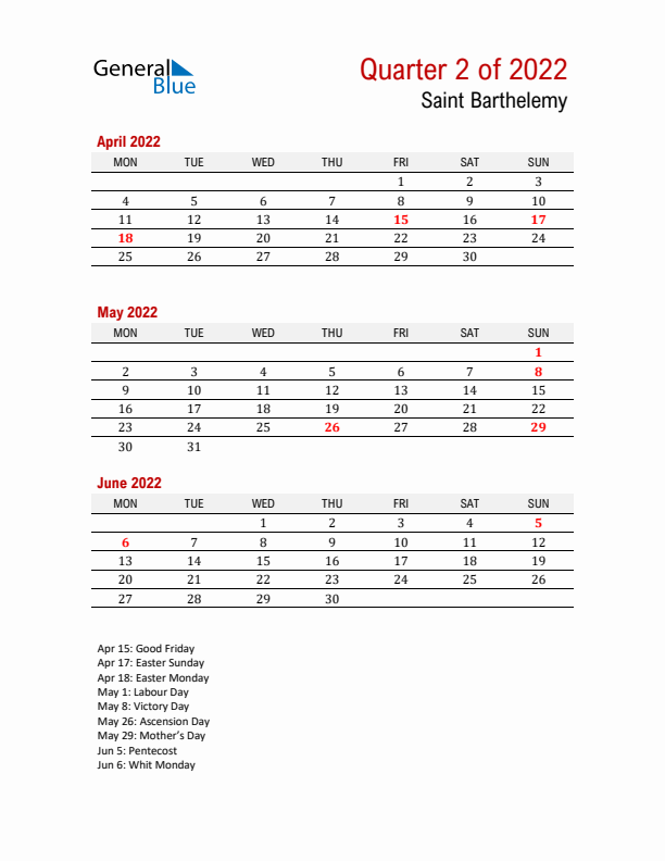 Printable Three Month Calendar with Saint Barthelemy Holidays