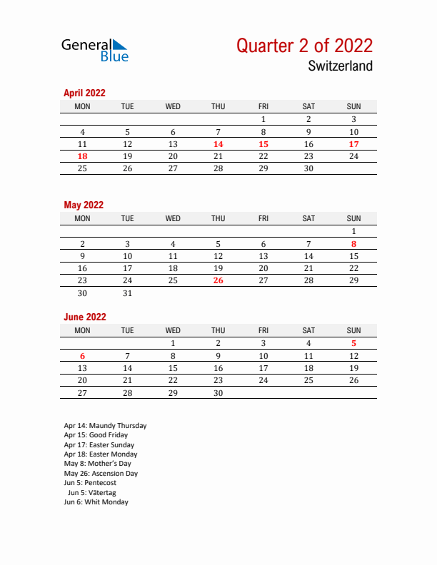 Printable Three Month Calendar with Switzerland Holidays