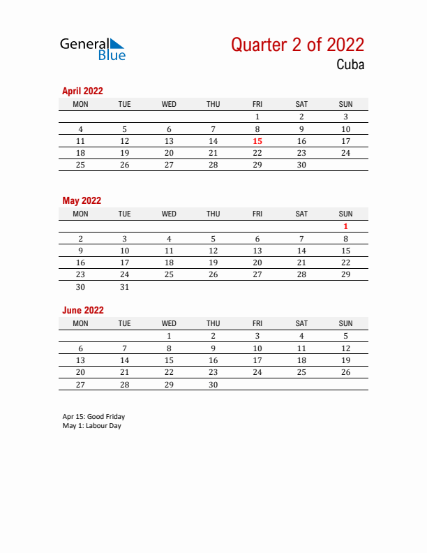 Printable Three Month Calendar with Cuba Holidays