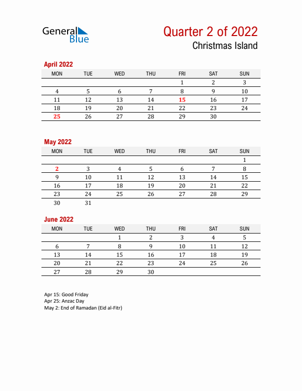 Printable Three Month Calendar with Christmas Island Holidays