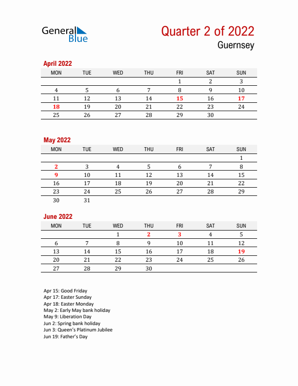 Printable Three Month Calendar with Guernsey Holidays