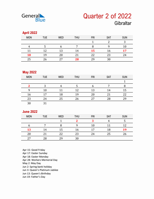 Printable Three Month Calendar with Gibraltar Holidays