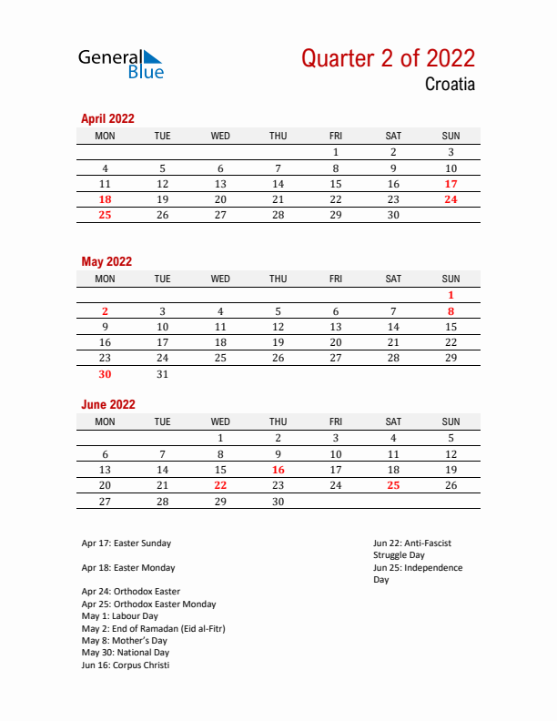 Printable Three Month Calendar with Croatia Holidays