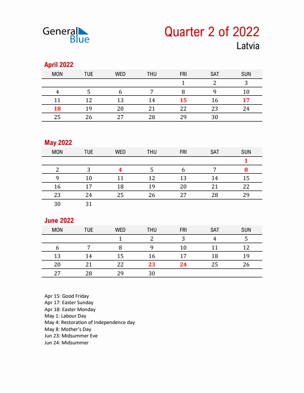 Printable Three Month Calendar with Latvia Holidays