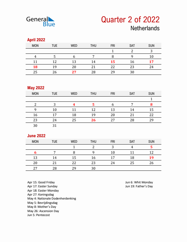 Printable Three Month Calendar with The Netherlands Holidays