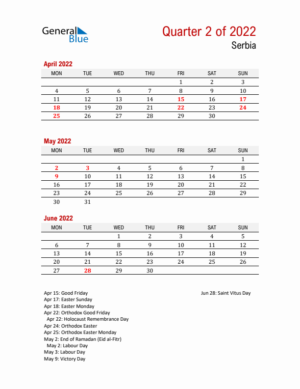 Printable Three Month Calendar with Serbia Holidays