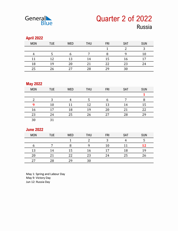 Printable Three Month Calendar with Russia Holidays