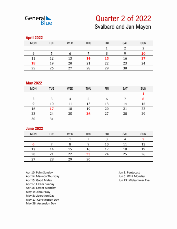 Printable Three Month Calendar with Svalbard and Jan Mayen Holidays