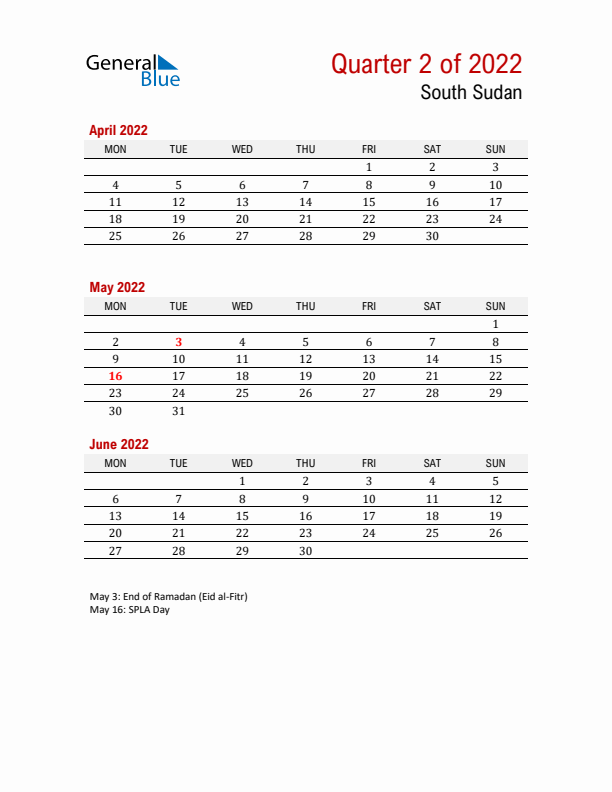 Printable Three Month Calendar with South Sudan Holidays