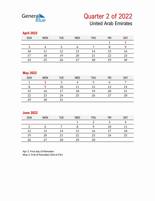 Printable Three Month Calendar with United Arab Emirates Holidays