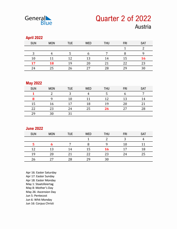 Printable Three Month Calendar with Austria Holidays