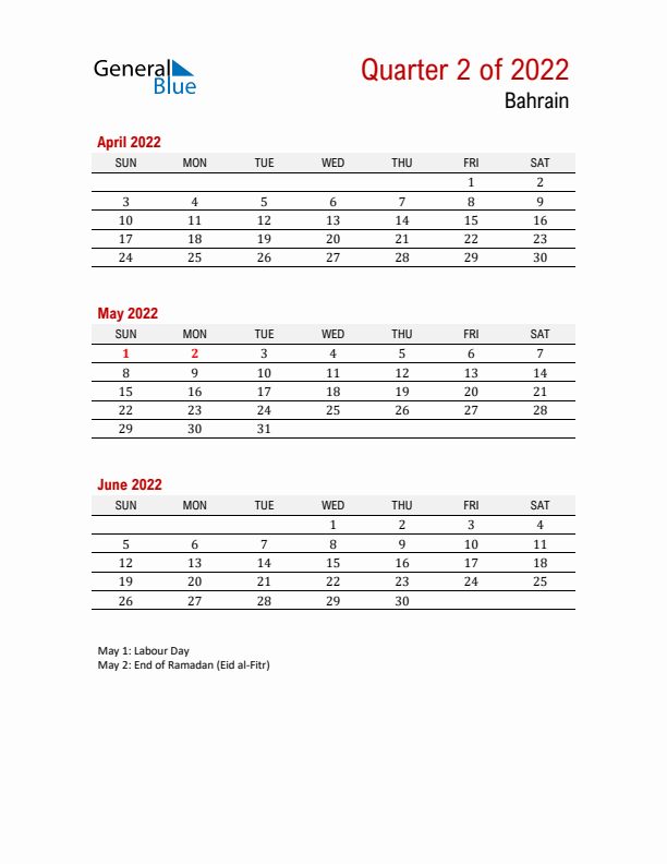 Printable Three Month Calendar with Bahrain Holidays