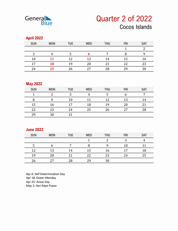 Printable Three Month Calendar with Cocos Islands Holidays