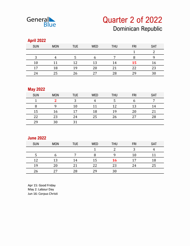 Printable Three Month Calendar with Dominican Republic Holidays