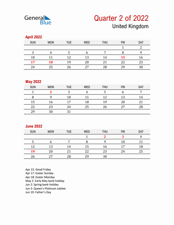 Printable Three Month Calendar with United Kingdom Holidays