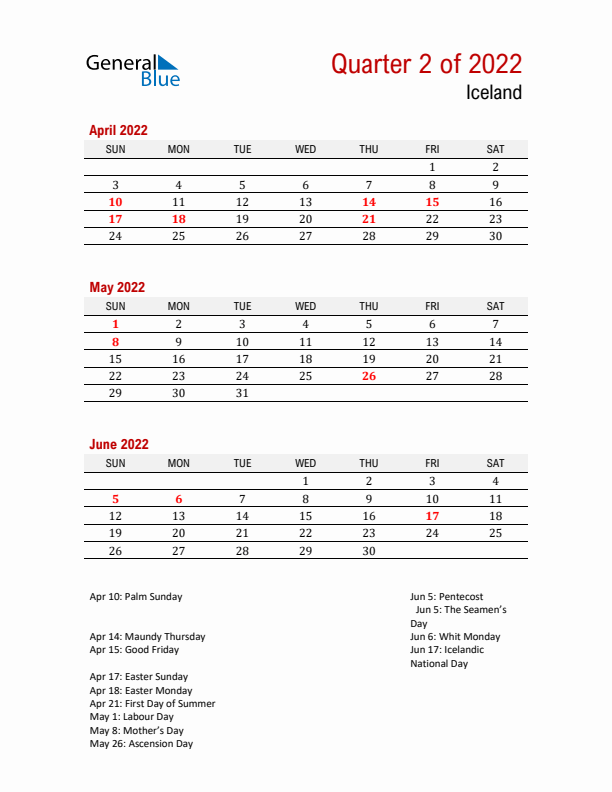 Printable Three Month Calendar with Iceland Holidays