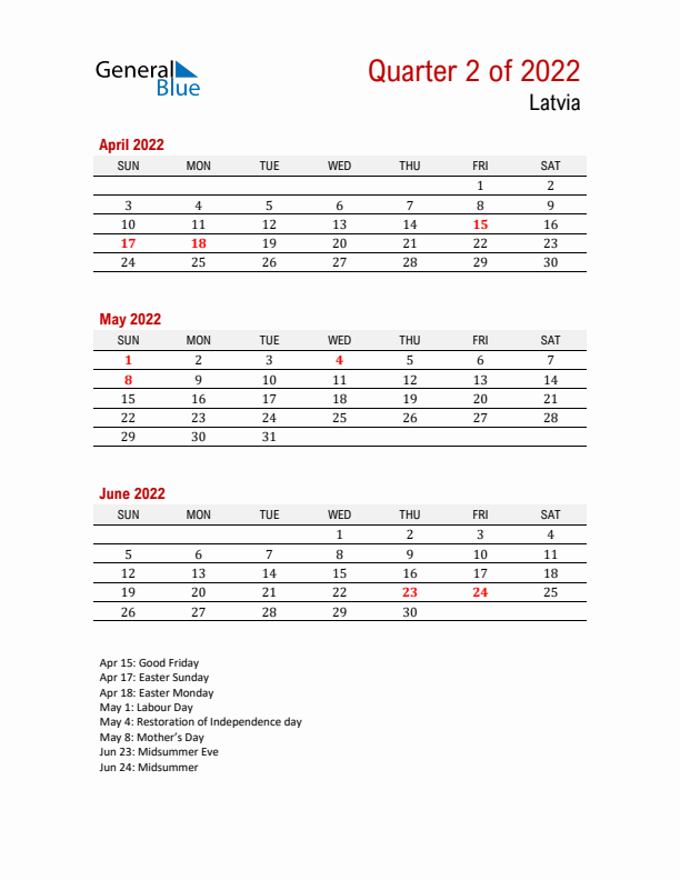 Printable Three Month Calendar with Latvia Holidays