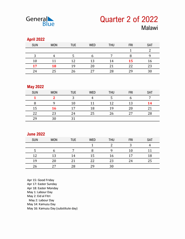 Printable Three Month Calendar with Malawi Holidays