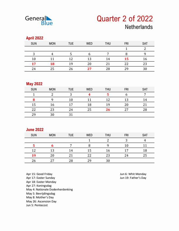 Printable Three Month Calendar with The Netherlands Holidays