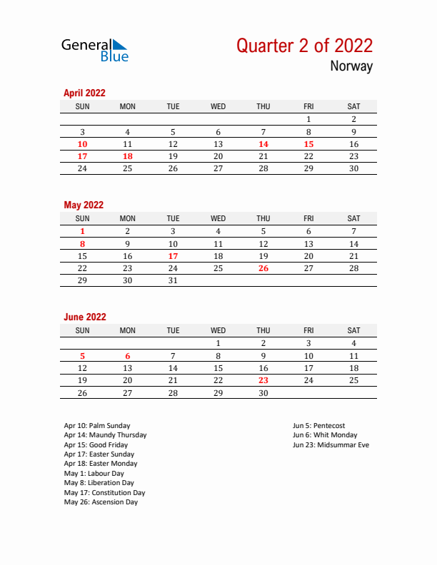 Printable Three Month Calendar with Norway Holidays