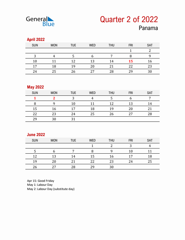 Printable Three Month Calendar with Panama Holidays