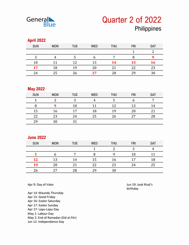 Printable Three Month Calendar with Philippines Holidays