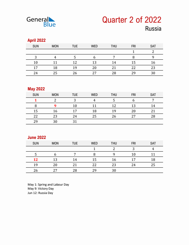 Printable Three Month Calendar with Russia Holidays