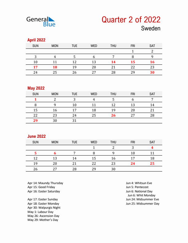 Printable Three Month Calendar with Sweden Holidays