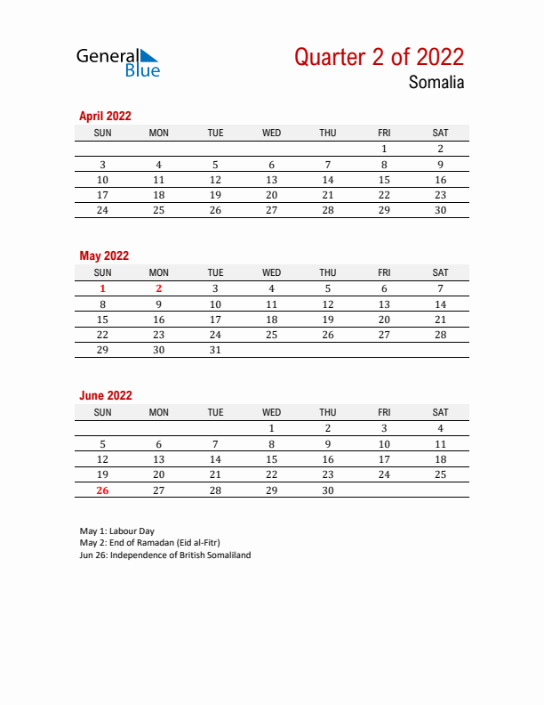 Printable Three Month Calendar with Somalia Holidays