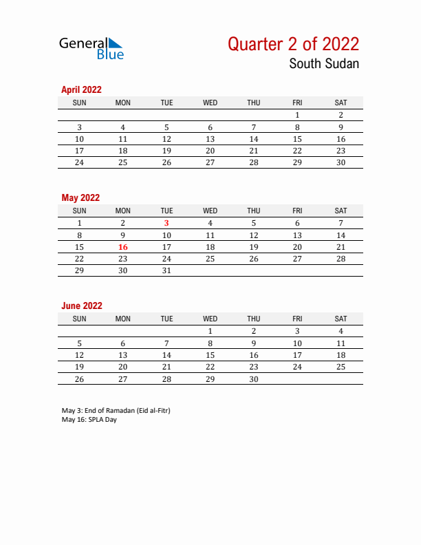 Printable Three Month Calendar with South Sudan Holidays