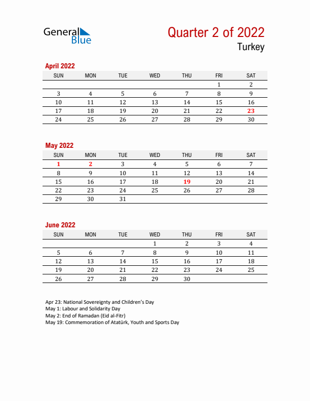 Printable Three Month Calendar with Turkey Holidays