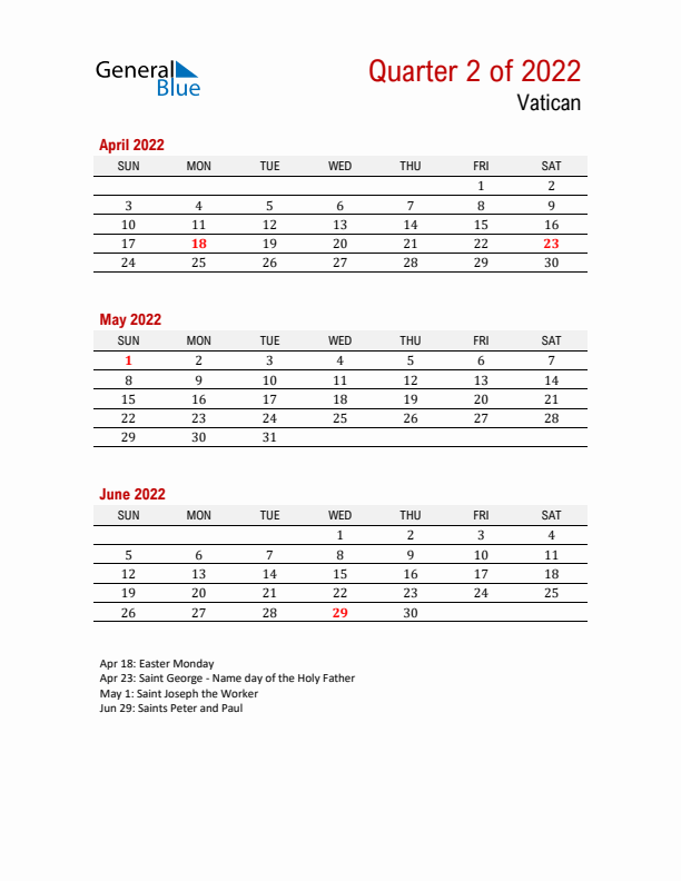 Printable Three Month Calendar with Vatican Holidays