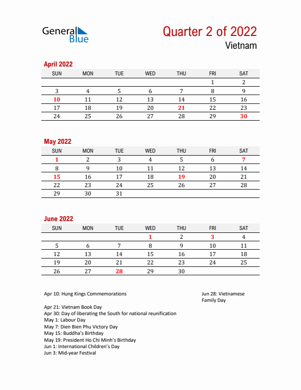 Printable Three Month Calendar with Vietnam Holidays