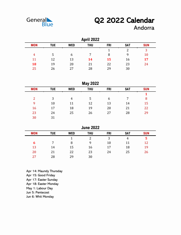 2022 Q2 Calendar with Holidays List for Andorra