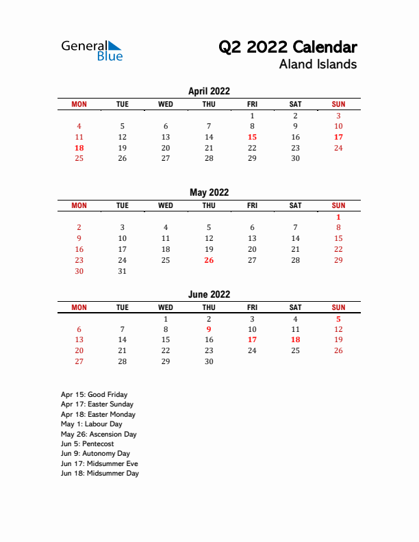 2022 Q2 Calendar with Holidays List for Aland Islands