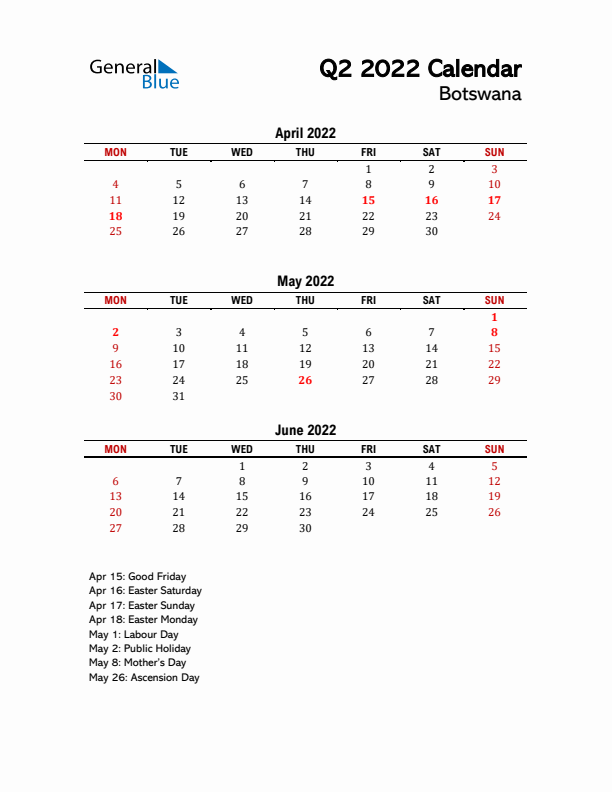 2022 Q2 Calendar with Holidays List for Botswana