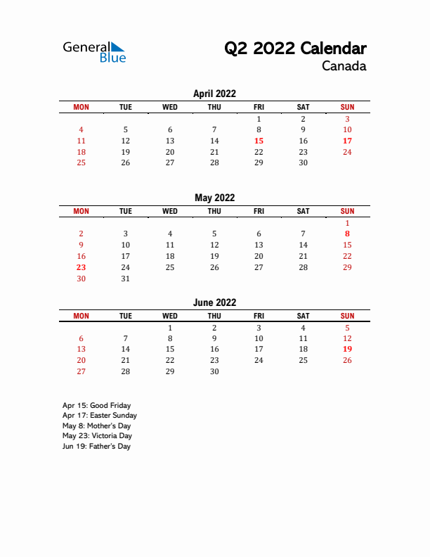 2022 Q2 Calendar with Holidays List for Canada