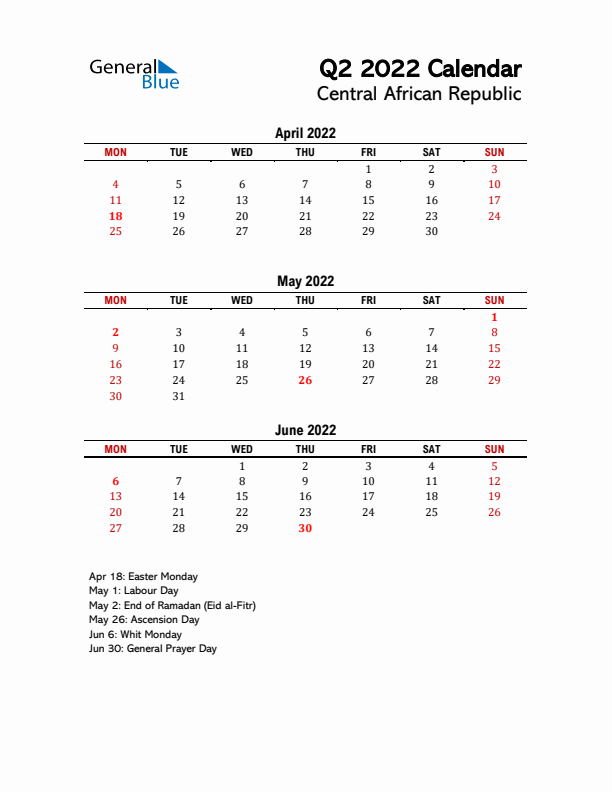 2022 Q2 Calendar with Holidays List for Central African Republic