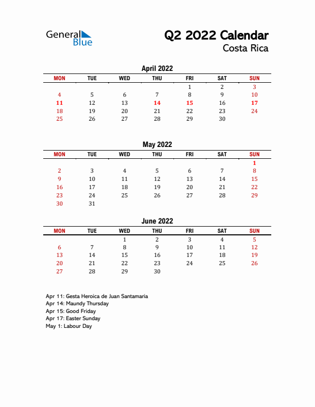 2022 Q2 Calendar with Holidays List for Costa Rica