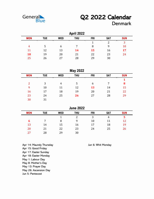 2022 Q2 Calendar with Holidays List for Denmark