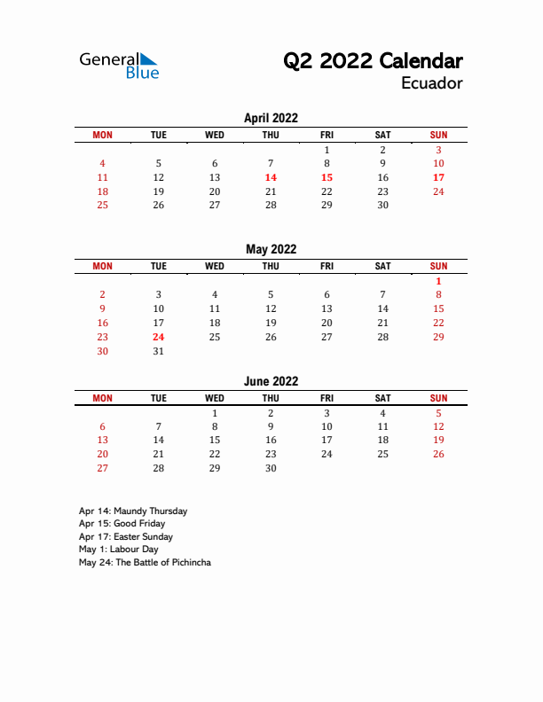 2022 Q2 Calendar with Holidays List for Ecuador