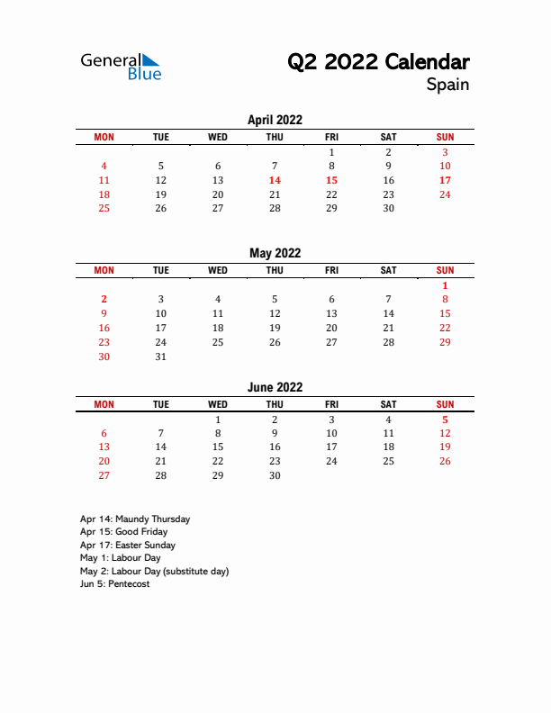 2022 Q2 Calendar with Holidays List for Spain