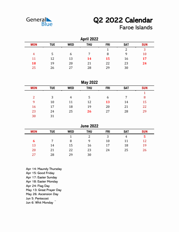 2022 Q2 Calendar with Holidays List for Faroe Islands