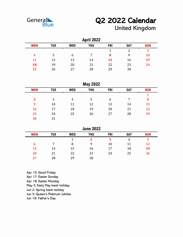 2022 Q2 Calendar with Holidays List for United Kingdom