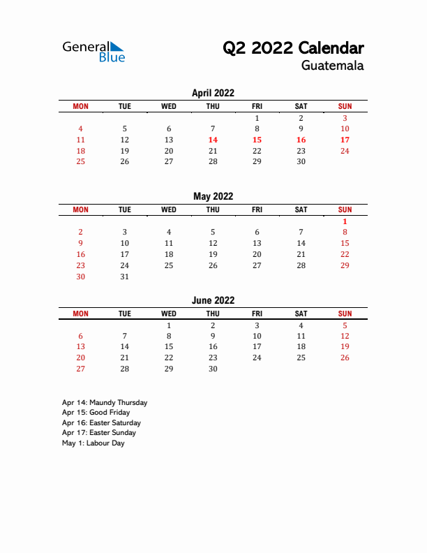 2022 Q2 Calendar with Holidays List for Guatemala