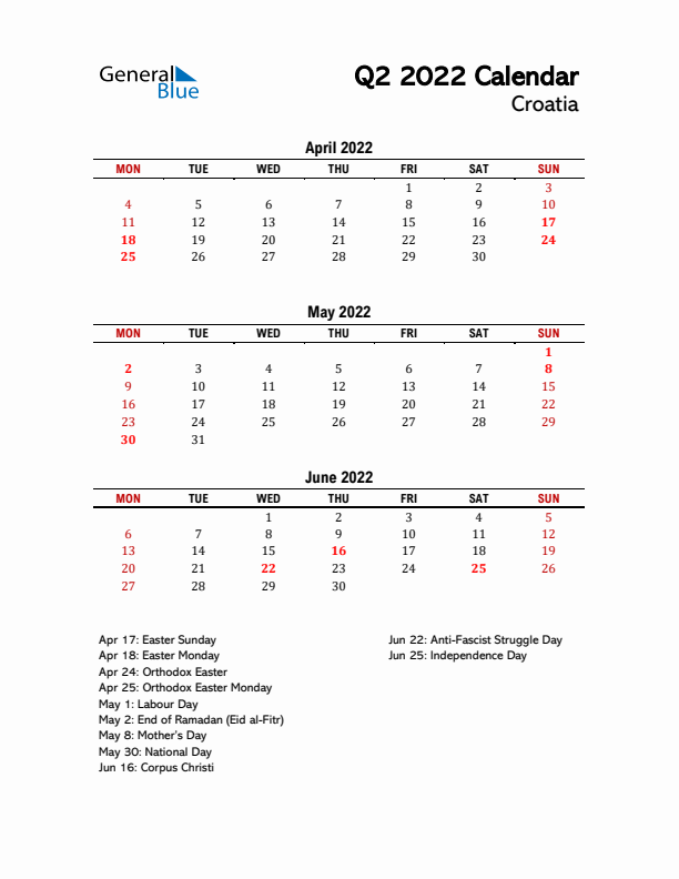 2022 Q2 Calendar with Holidays List for Croatia