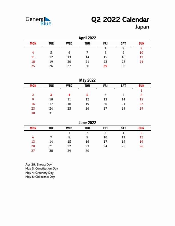 2022 Q2 Calendar with Holidays List for Japan