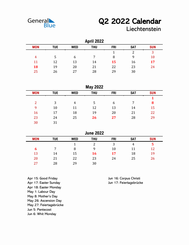 2022 Q2 Calendar with Holidays List for Liechtenstein