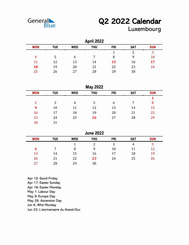 2022 Q2 Calendar with Holidays List for Luxembourg